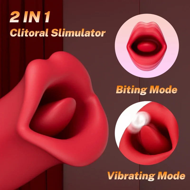 Red clitoral stimulator with '2 IN 1' text and mode indicators on a brown background